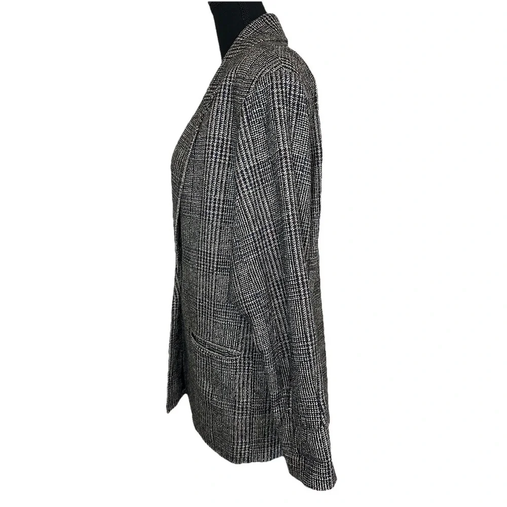 VTG Adolfo International Women 100% Silk Oversized Glen Plaid Gray Blazer‎ SMALL